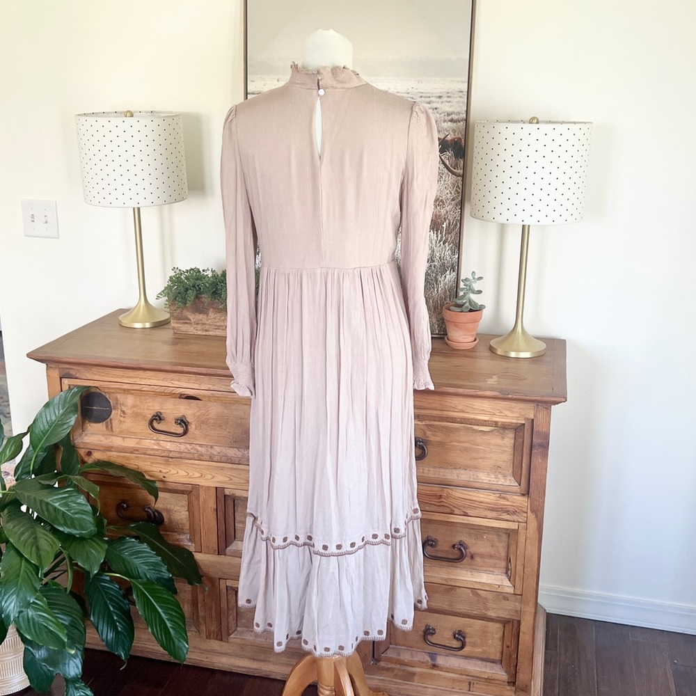 Roolee In Loom Tan Embroidered Boho Peasant Midi Dress M L - Picture 8 of 14